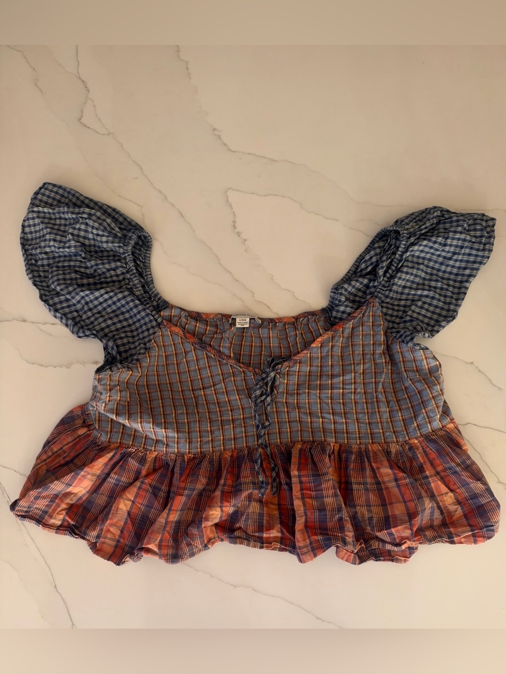 American Eagle Mixed Plaid Puff Sleeve Peplum Crop Top Large